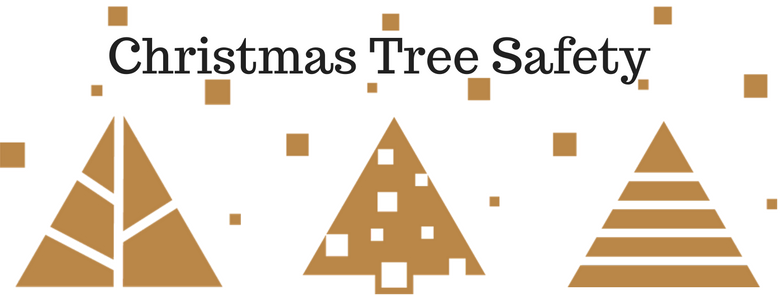 Christmas Tree Safety three gold geometric images of christmas trees.